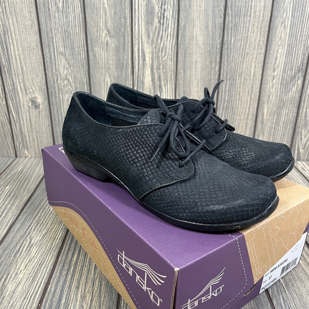 Dansko Olive Snake Oxford Shoes Women 7 Black Leather Comfort 5608-830200
